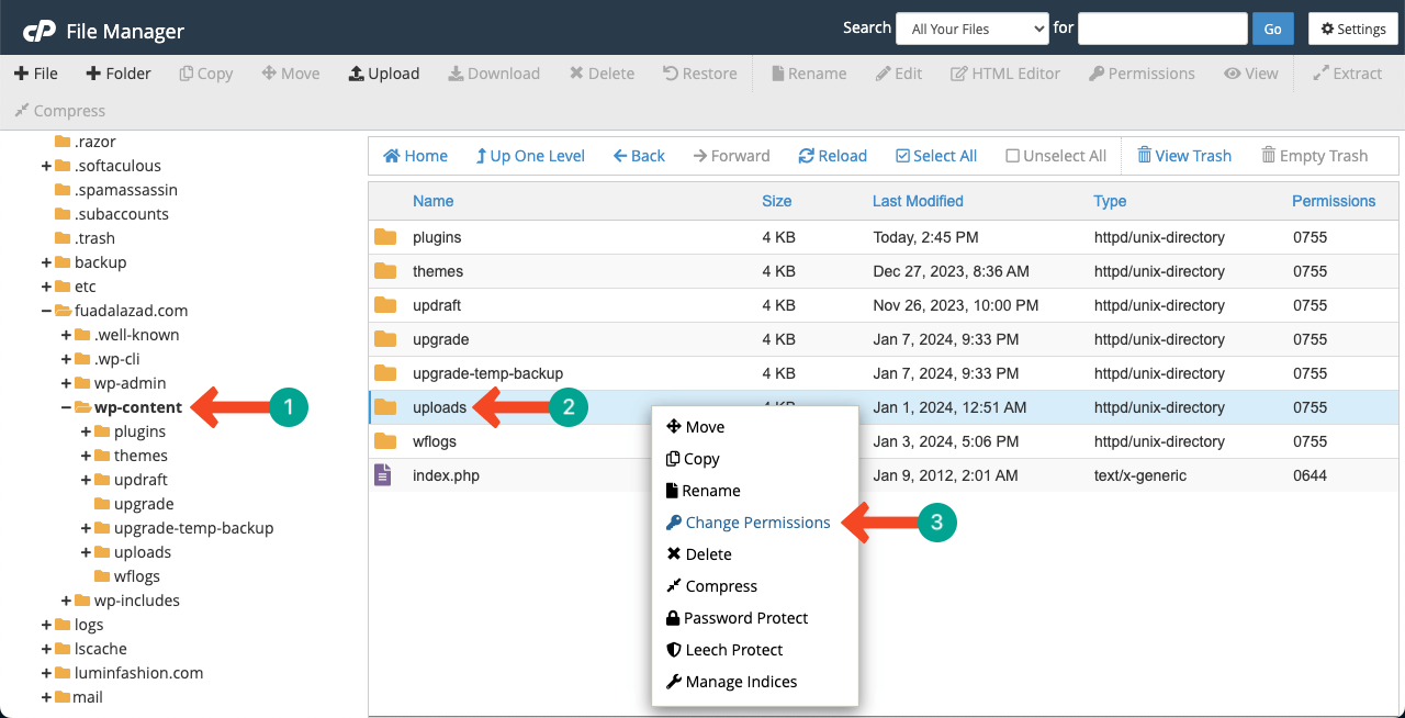 Change permission management in WP-Content in file manager