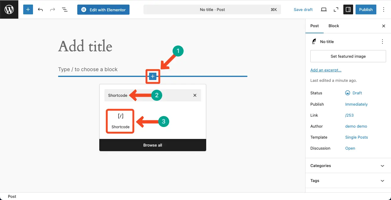 Add the shortcode block to the editor